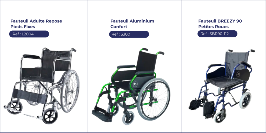 Fauteuils roulants manuels au Maroc modèles aluminium confort Breezy 90 et repose pieds fixes mobilité handicap Locamed