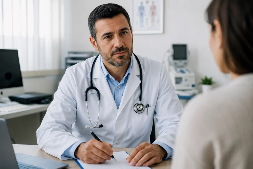 Stéthoscope Maroc – médecin réalisant une auscultation cardiaque avec un stéthoscope lors d'une consultation médicale en cabinet auprès d'un patient adulte.