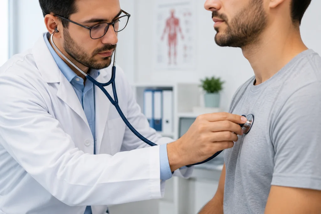 diagnostic médical :  Médecin utilisant un stéthoscope pour ausculter la poitrine d’un patient lors d’une consultation médicale en cabinet.
