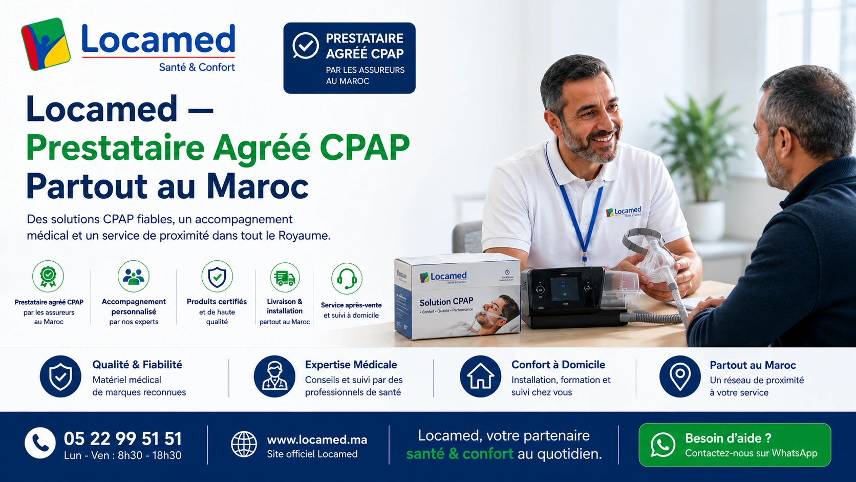 Conseiller Locamed présentant une solution CPAP à un patient dans le cadre d'un accompagnement CPAP partout au Maroc