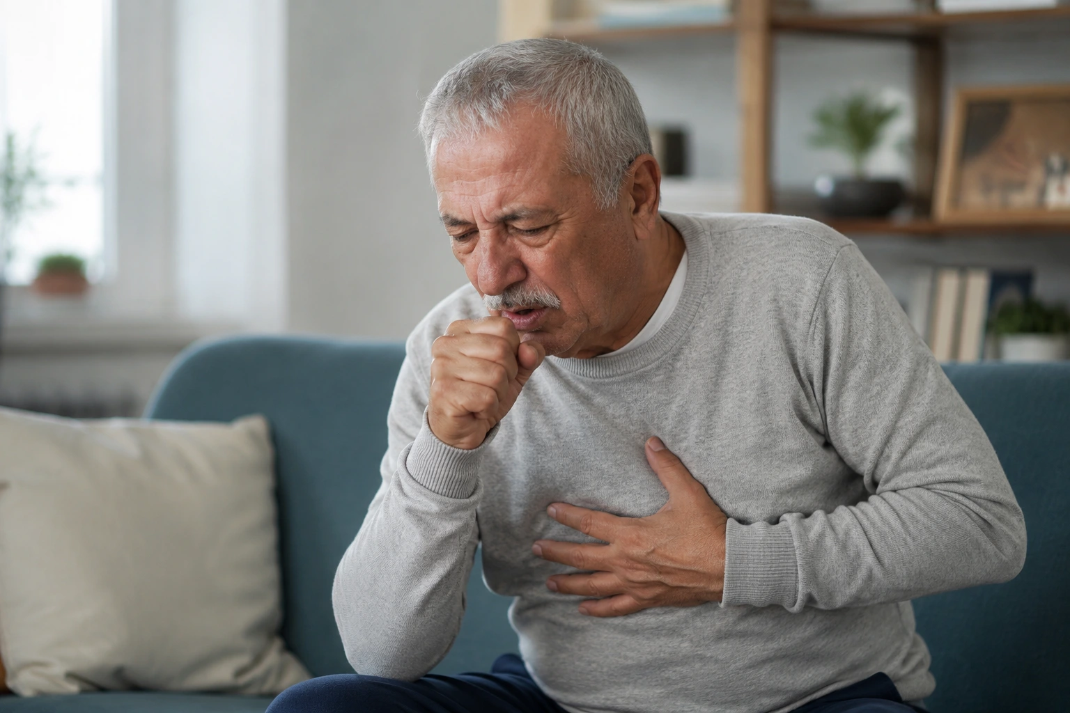 Patient présentant des symptômes de la BPCO au Maroc, avec essoufflement et gêne respiratoire à domicile.