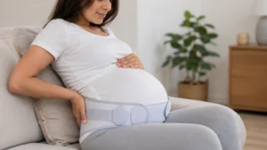 Ceinture de grossesse au Maroc portée par une femme enceinte pour soutenir le ventre et soulager les douleurs lombaires.