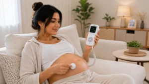 Femme enceinte utilisant un Doppler Fœtal au Maroc à domicile, observant l'écran de l'appareil tout en écoutant les battements du cœur de son bébé dans un salon moderne et lumineux.