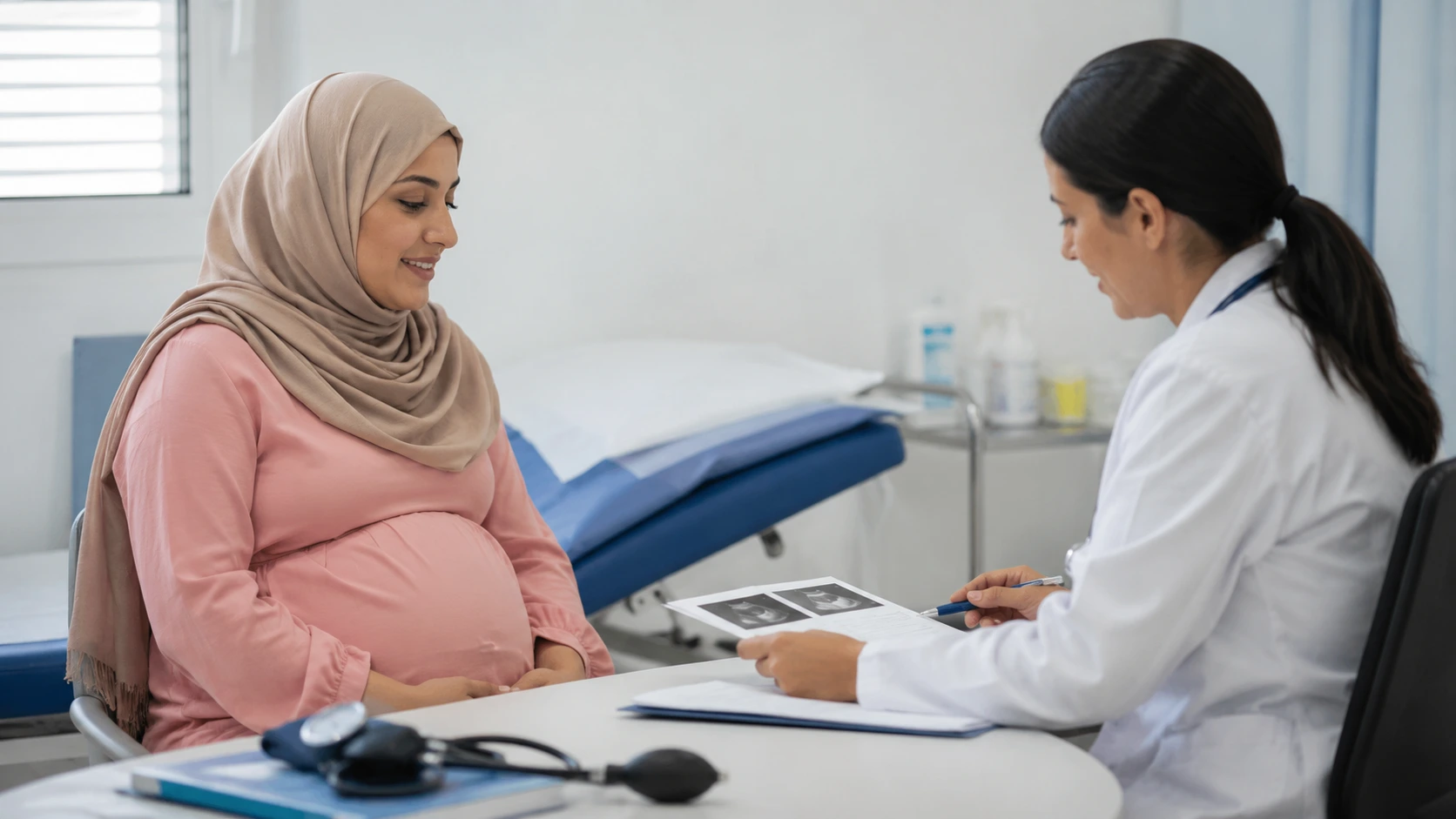 matériel médical grossesse Maroc : Femme enceinte lors d’une consultation de suivi prénatal avec une médecin au Maroc