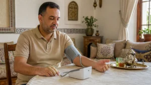 Homme mesurant sa tension artérielle à domicile avec un tensiomètre électronique, dans un salon marocain chaleureux — tensiometre maroc.