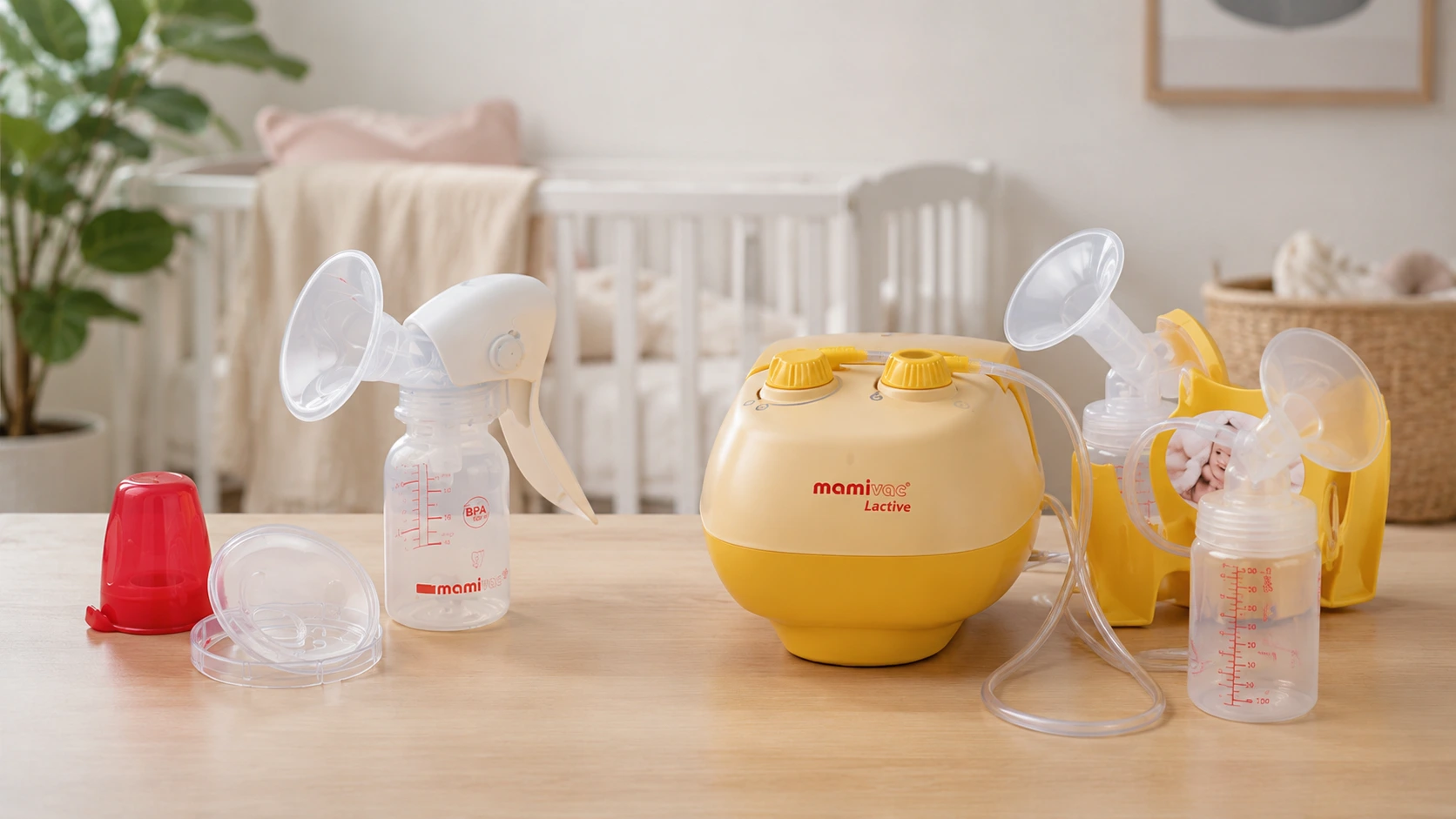 Comparatif de deux modèles de tire-lait : un tire-lait manuel et un tire-lait électrique double, présentés dans une chambre de bébé pour aider les mamans à choisir le tire-lait le plus adapté à leurs besoins.