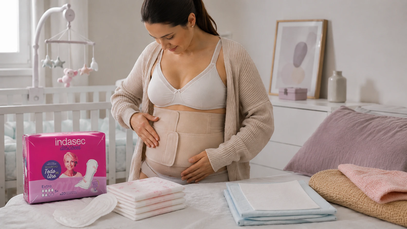 Matériel médical grossesse Maroc : Jeune maman portant une gaine post-partum avec serviettes post-partum, alèses et protections Indasec après l'accouchement au Maroc.